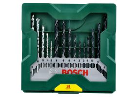 Bosch Set Mixt X-Line 15 burghie, D 3-8mm, lemn, piatra, metal